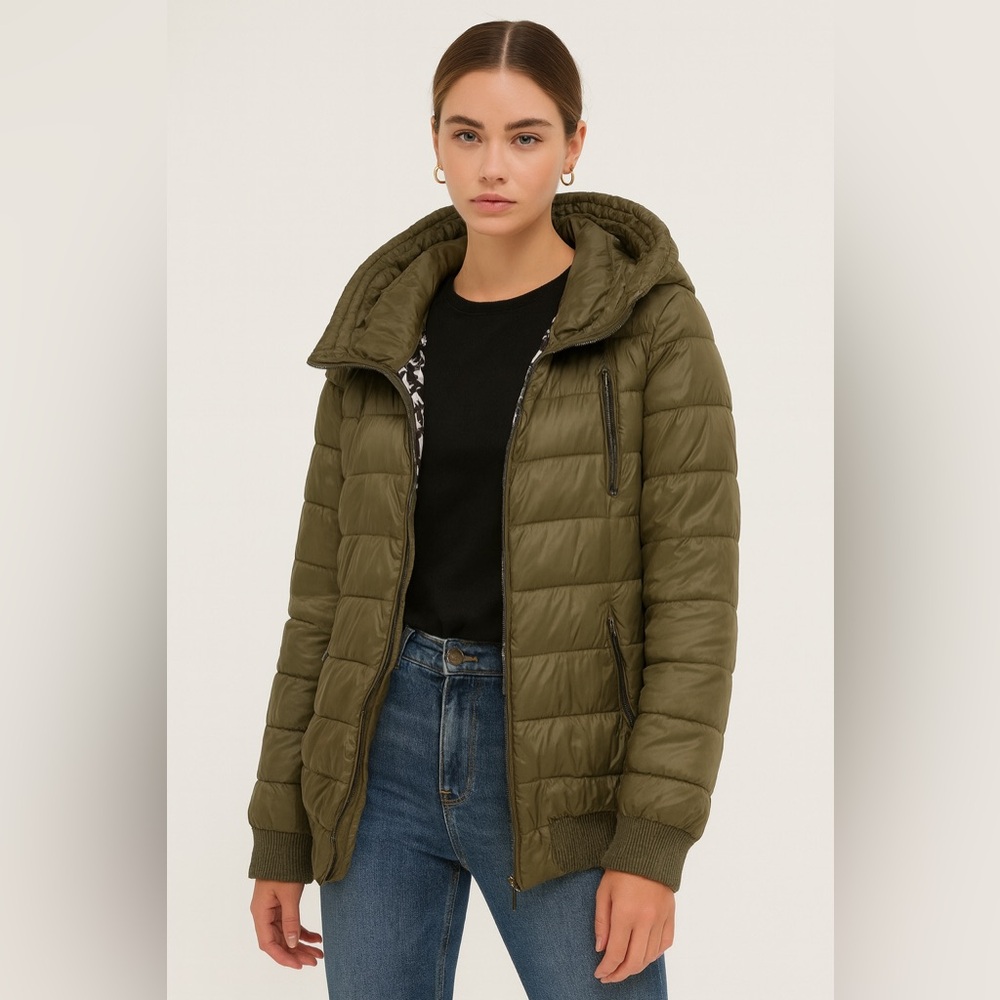 Donna Karan NY Women’s Bomber Military Green Quilt Puffer Jacket Hood Lined XL